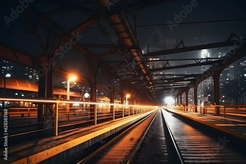 Railway station at night. Train platform in fog. Railroad