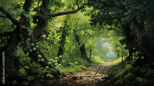  a painting of a path in a forest with lots of trees. generative ai