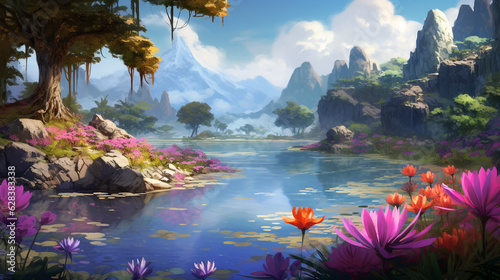 Fantasy landscape with a pond and flowers