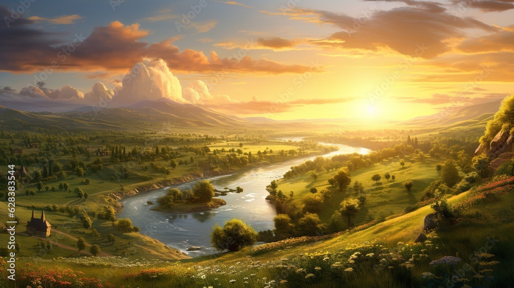  a painting of a beautiful sunset over a valley with a river.  generative ai