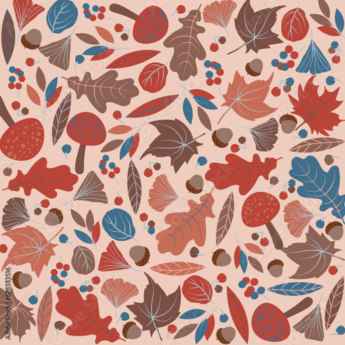 Autumn seamless pattern with mushroom, acorn, and different colorful leaves and plants, seasonal colors. Autumn leaves seamless pattern wallpaper image