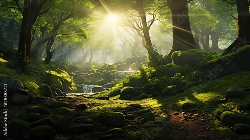  the sun shines through the trees in a forest filled with moss.  generative ai