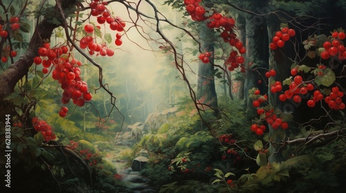  a painting of a forest filled with lots of red berries.  generative ai © Anna
