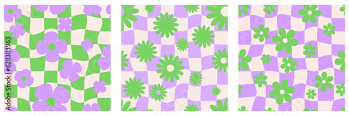 Y2k flower pattern. Groovy checkerboard with daisy. Seamless wavy floral backgrounds. Abstract vintage aesthetic funky wallpaper set. Vector cute trippy.