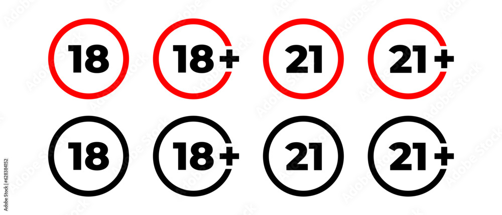 Warnings minors 18 years vector icon set. Adult only badges. Adult content symbol Warnings minors 18 years vector icon set. Adult only badges. Adult content symbol