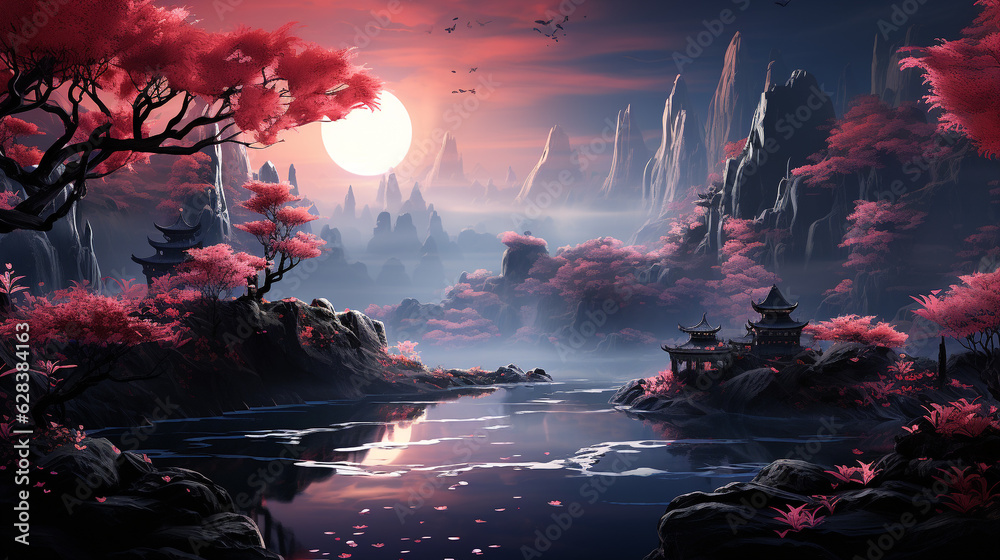 Fantasy misty landscape with a pond and flowers Fantasy misty landscape with a pond and flowers