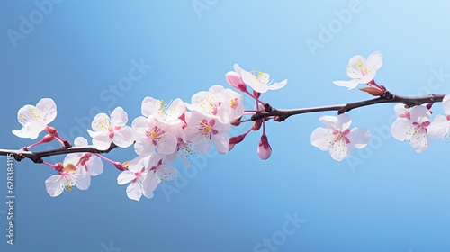  a branch with white and pink flowers against a blue sky.  generative ai