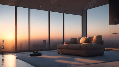 Plakat 超高層ビルの最上階にあるミニマルな部屋、夕日｜Minimalist room on top floor of skyscraper, sunset. Generative AI