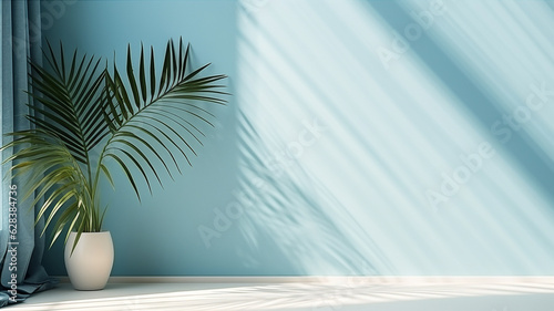 Minimal abstract light blue background with a shadow of tropical leaves and curtains window on the wall. Generative AI © Sewupari Studio