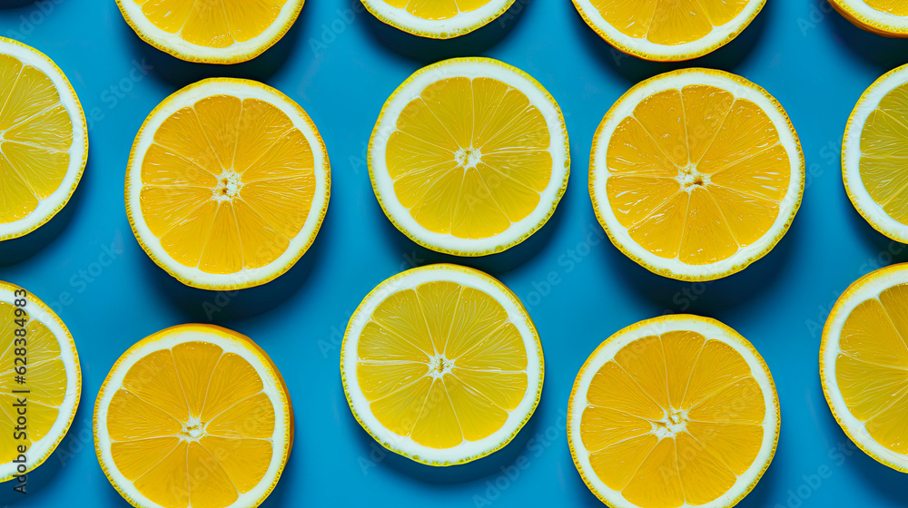 Lemon slices lay flat on a blue background. Generative Ai.