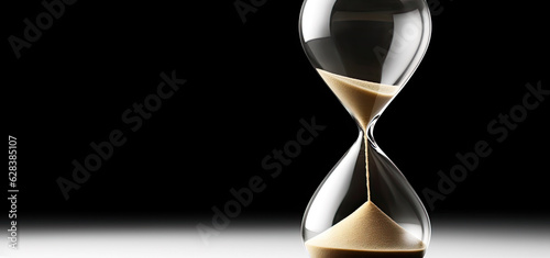Close up Hourglass filled with sand on a black background, copy space on left, Generative AI.