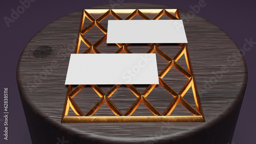 Business cards on a golden grille and a cylindrical body, 3D rendering, in luxurious colors