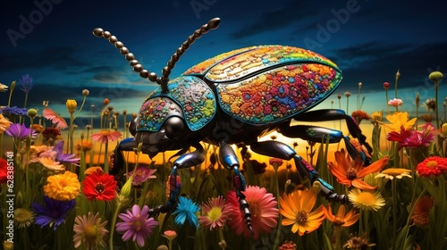  a colorful bug sitting on top of a field of flowers.  generative ai