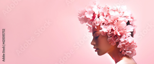  Abstract woman portrait with flowers over head on pink background. Concept of environmental friendliness and naturalness of cosmetic products. Banner. Generative Ai content. © Nataliia