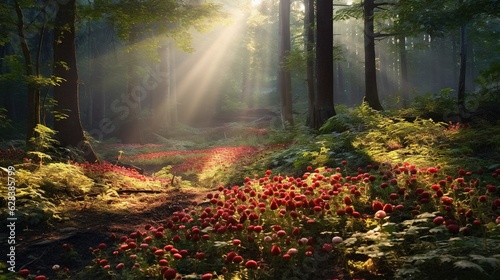  a forest filled with lots of red flowers and lots of green trees.  generative ai