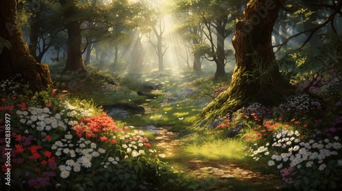  a painting of a path through a forest with lots of flowers. generative ai