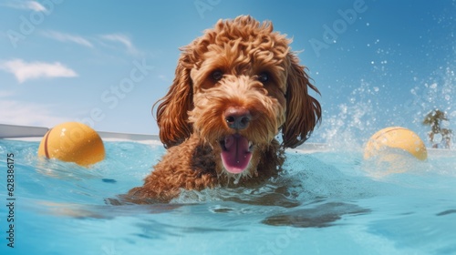 A Spanish Water Dog puppy joyfully swimming in a blue pool with a yellow ball, engaging in pet games and leisure. Dog's smile symbolizes a happy pet
