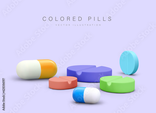 Colored pills and capsules closeup. Traditional dosage form of medicines. Concept for pharmaceutical business, drugstore, hospital. Antibiotics, painkillers, vitamins