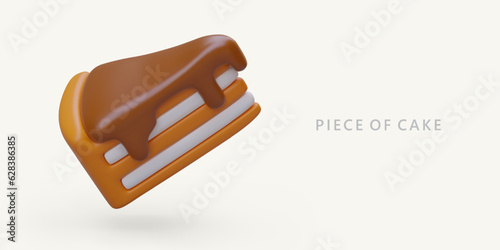 Realistic colored piece of layered cake. Runny glaze. Concept in plasticine style. Sweet dessert made of dough and cream. Template with place for text