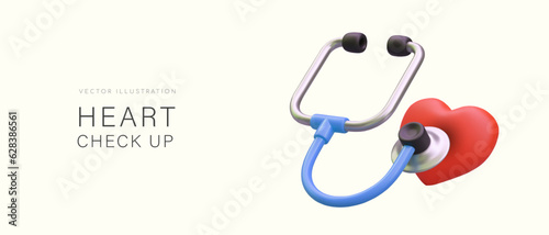 3d stethoscope and realistic heart. Web poster for department of cardiology. Medical equipment concept. Heart check up in hospital concept. Vector illustration with place for text