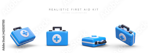 Collection of 3D blue first aid kits with cross. Medicines in special small suitcase with locks. Object in different positions. Symbol of medical care