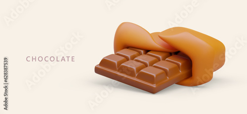 3D unfolded chocolate bar. Classic sweets. Dessert in package. Cocoa delicacy. Advertising vector banner with text. Vector concept on colored background