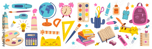 Set of schooi supplies. Back to school. Various accessories for study, student equipment. Cute school modern stickers.