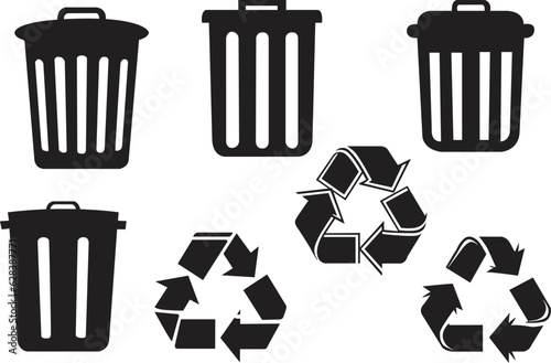 Set of trash can silhouette icons, trash bin silhouette icons, and recycle silhouette icons. Vector illustration.
