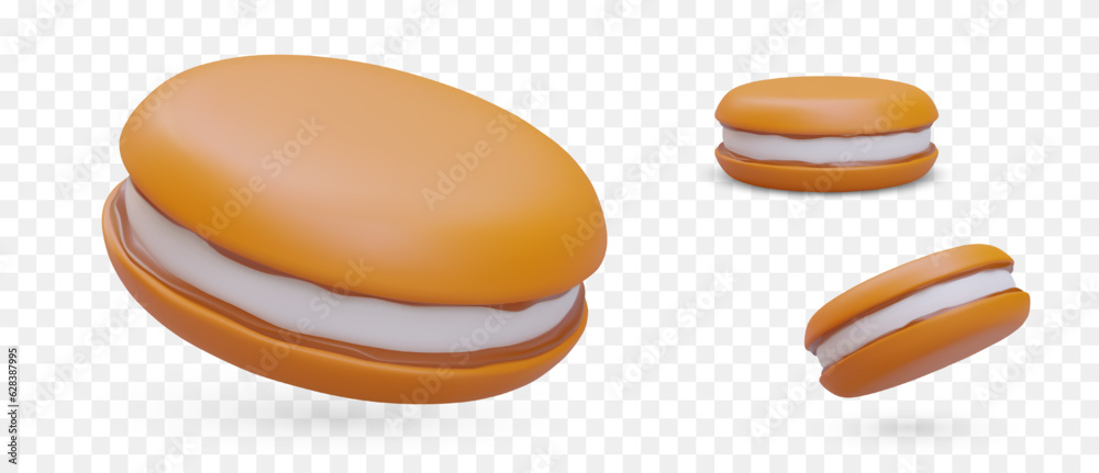 3D colored sandwich cookies, view from different sides. Set of sweet sandwich biscuits with cream. Isolated vector image. Sweet pastry with filling. Portioned snack 3D colored sandwich cookies, view from different sides. Set of sweet sandwich biscuits with cream. Isolated vector image. Sweet pastry with filling. Portioned snack