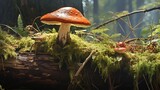 a mushroom sitting on top of a moss covered forest floor.  generative ai