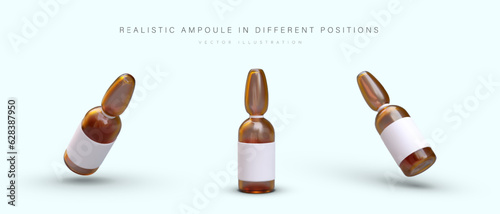 Realistic ampoule with blank label. View from top, bottom, side. Portion glass packaging for medicines. Set of vector illustrations with shadows. Icons for medicine, pharmacy business