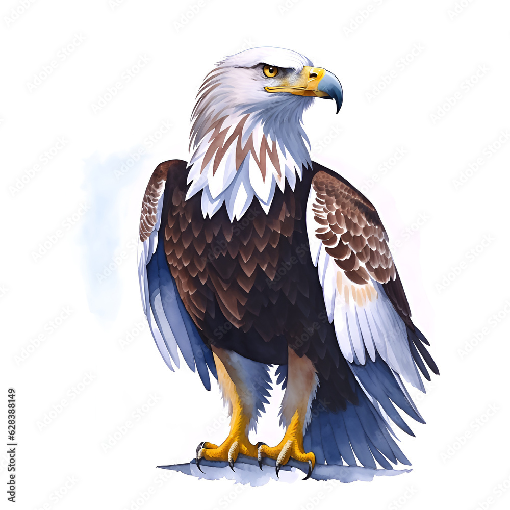 Eagle in cartoon style. Cute Little Cartoon Eagle isolated on white background. Watercolor drawing, hand-drawn Eagle in watercolor. For children's books, for cards, Children's illustration. Eagle in cartoon style. Cute Little Cartoon Eagle isolated on white background. Watercolor drawing, hand-drawn Eagle in watercolor. For children's books, for cards, Children's illustration.