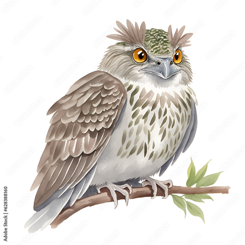 Obraz premium frogmouth (Owl) in cartoon style. Cute Little Cartoon frogmouth isolated on white background. Watercolor drawing, hand-drawn frogmouth in watercolor. For children's books, for cards, 