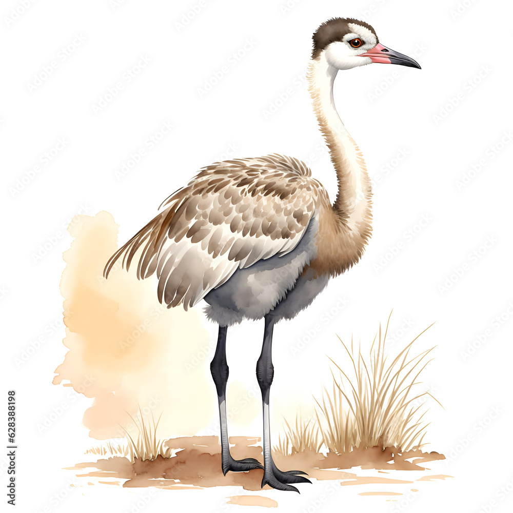 Obraz premium Ostrich bird in cartoon style. Cute Little Cartoon Ostrich bird isolated on white background. Watercolor drawing, hand-drawn Ostrich bird in watercolor. For children's books, for cards,