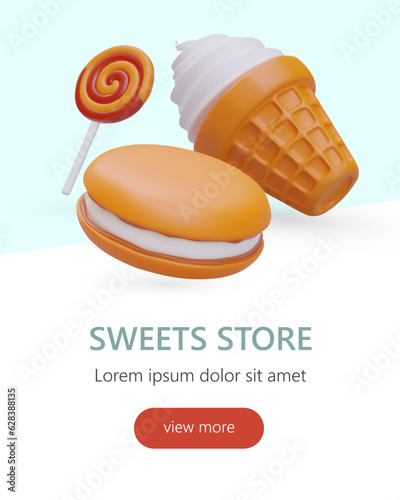 Candy, cookie, ice cream shop. Various types of sweets. Vertical template on colored background. Web design concept in cartoon style. View more button