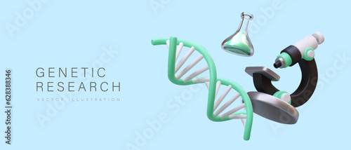 Realistic 3d microscope provide research, tests in laboratory. Genetic research concept. Equipment for medical needs. Vector colorful illustration with place for text