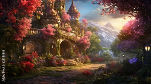  a painting of a castle surrounded by trees and flowers with a pathway leading to it.  generative ai