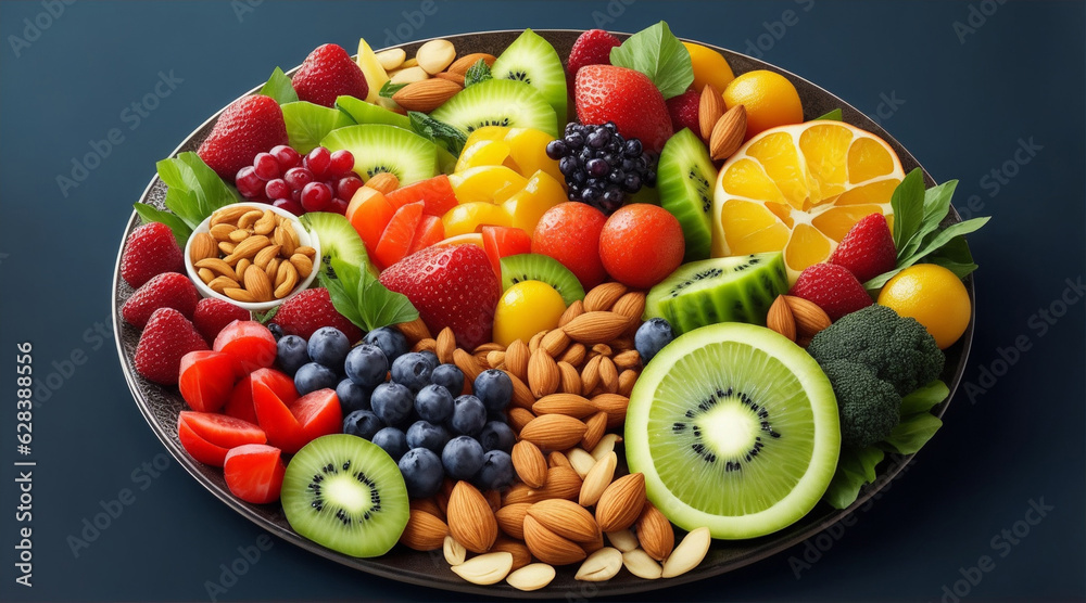 Platter of fresh fruits vegetables and nuts. Generative AI. Platter of fresh fruits vegetables and nuts. Generative AI.