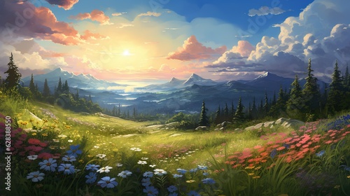  a painting of a beautiful landscape with flowers and mountains in the background. generative ai