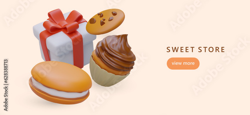 Confectionery, sweets shop. Delicious desserts for party. Daily sweet snacks. Sugary fast food. 3D cookies and cupcakes, gift box. Concept for web advertising