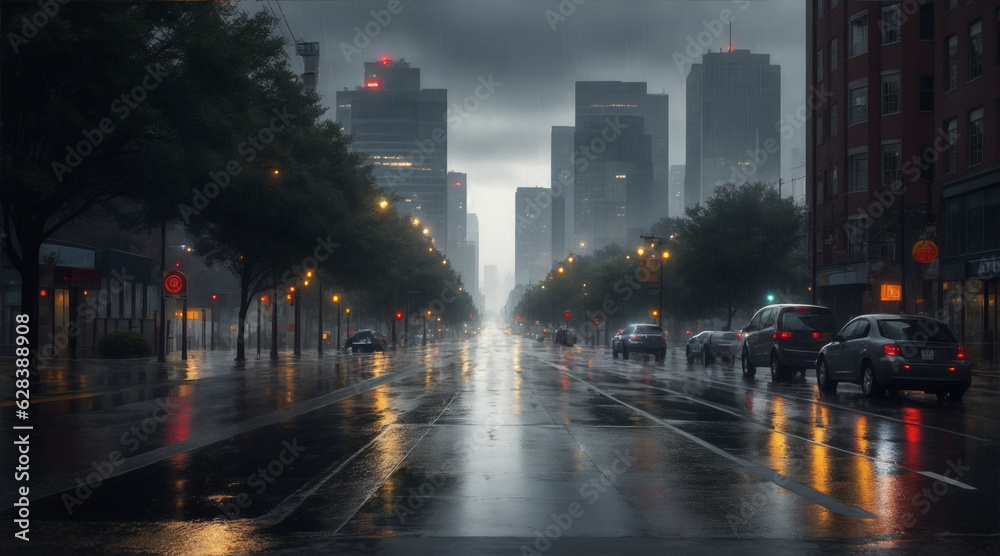 Beautiful view of the road during rain American city. Generative AI.