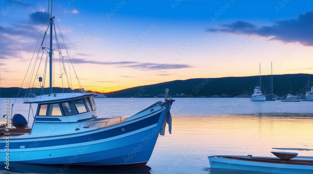 Fototapeta premium Boat on the harbor wallpaper background landscape boating. Generative AI.