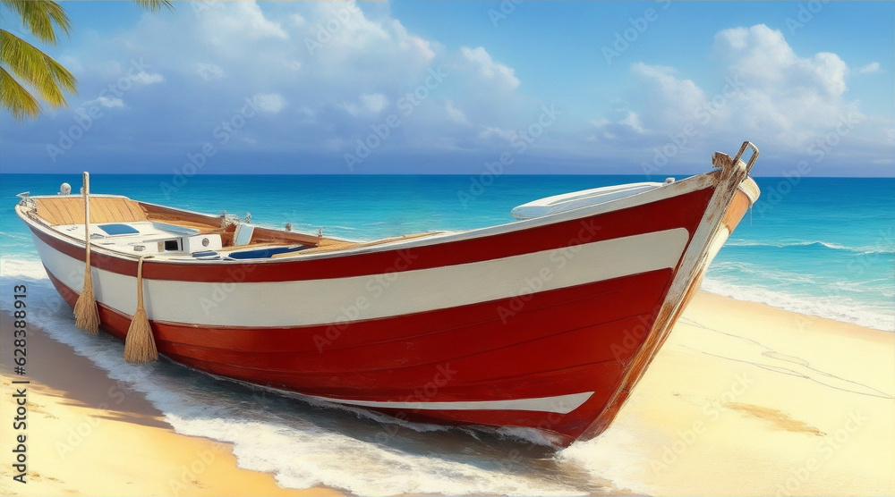 Boat on Beach oil painting wallpaper background landscape boating. Generative AI. Boat on Beach oil painting wallpaper background landscape boating. Generative AI.