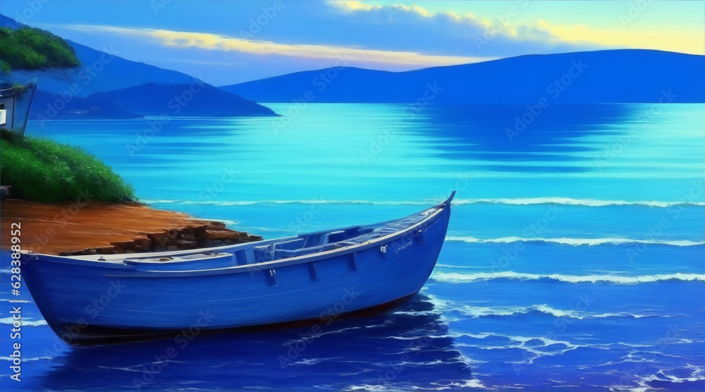 Boat on the ocean painting wallpaper background landscape boating. Generative AI.