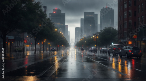 Beautiful view of the road during rain American city. Generative AI.