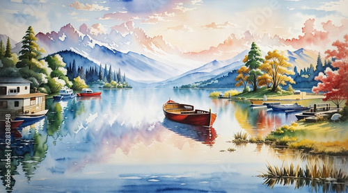Boat on the lake watercolor oil painting wallpaper background landscape boating. Generative AI. © BornHappy