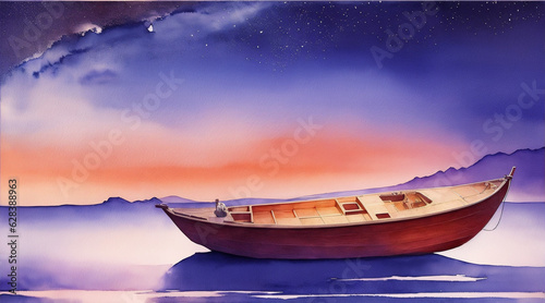 Boat on the night desert watercolor oil painting wallpaper background landscape boating. Generative AI.