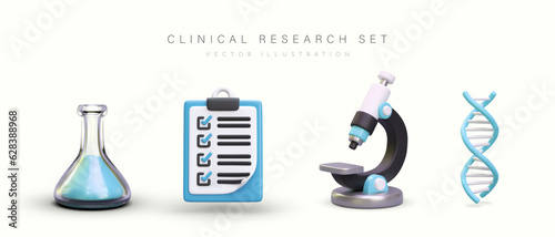 Realistic explorer accessories. Items for conducting laboratory observations. Set of isolated vector images. Triangular flask with blue liquid, clipboard, microscope, DNA helix