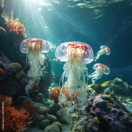 Underwater Scene - Tropical Seabed With Reef And Sunshine, beautiful jellyfish