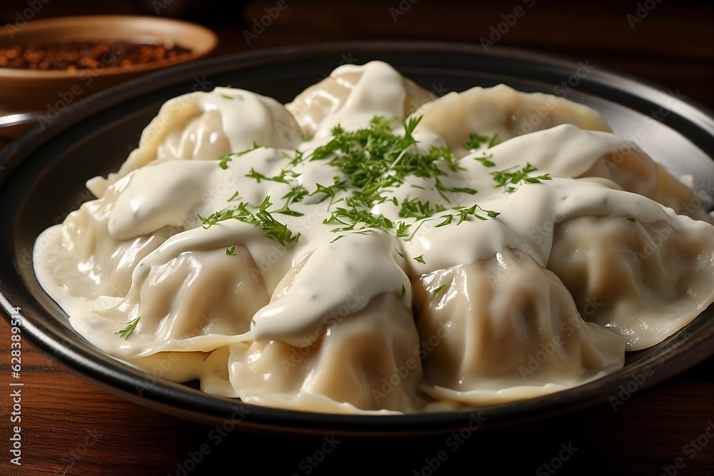 Large dumplings with sour cream and dill with herbs in a plate Large dumplings with sour cream and dill with herbs in a plate